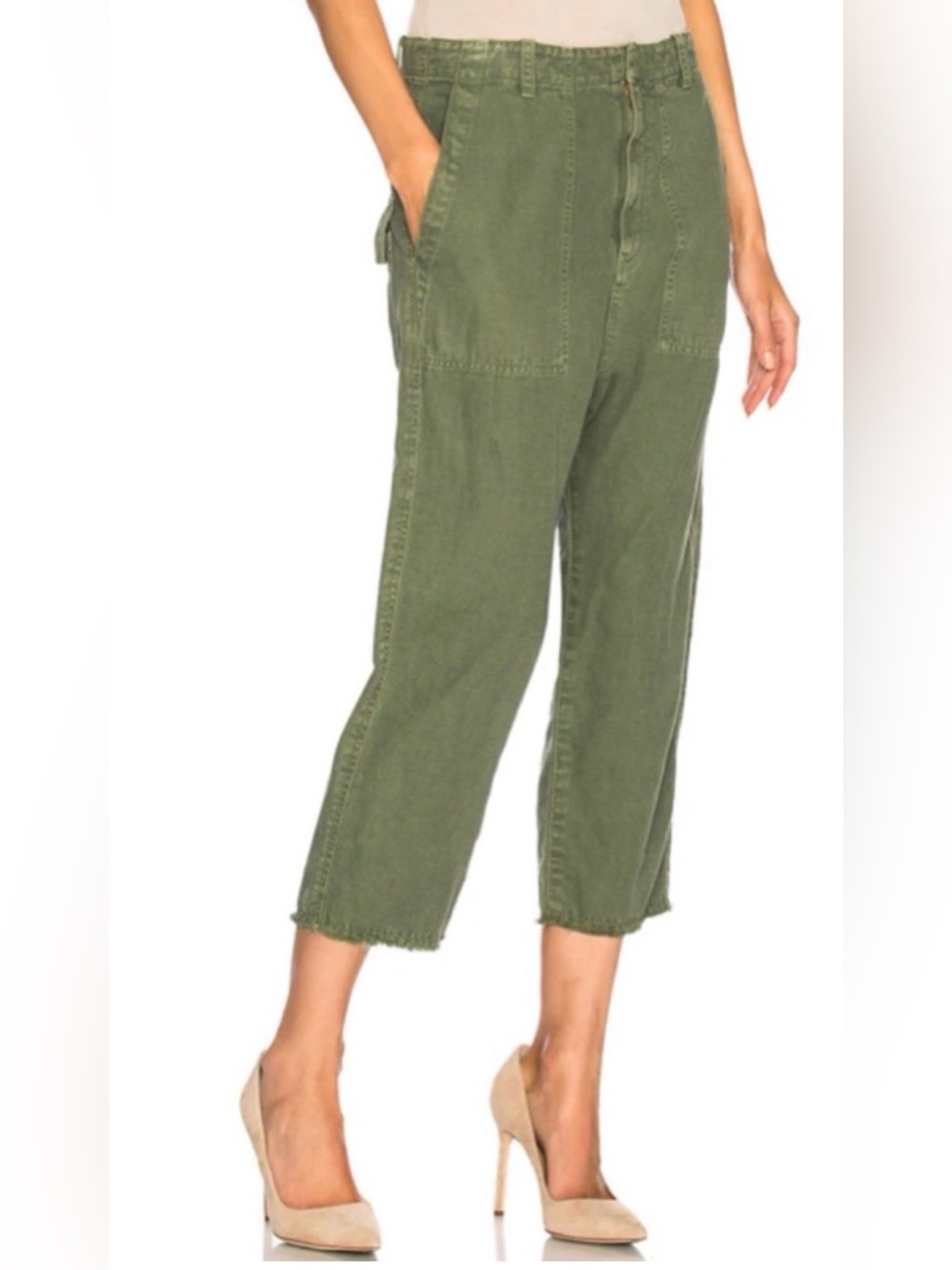 Nili Lotan Luna Pants Cotton Linen Blend Size 2 | Olive Utility Crop Pants